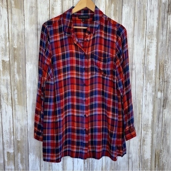 Lane Bryant No Peak Red Plaid Button Front Boyfriend Shirt - Picture 2 of 7